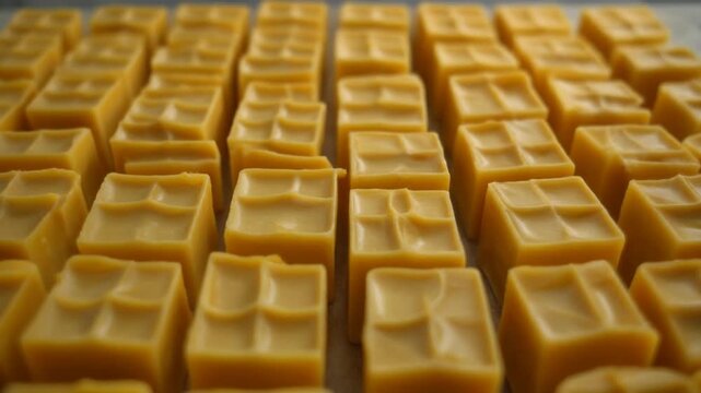 A close-up view of rows of small, yellow, rectangular objects with indented patterns on their surface