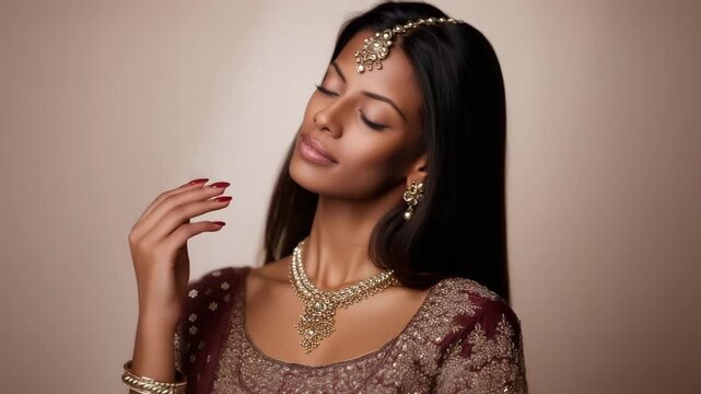 young Indian Hindu woman wearing traditional bridal jewelry and lehenga choli, Elegant woman in traditional Indian jewelry and embroidered dress, beauty portrait with luxury fashion