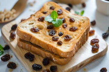 Two slices of toasted bread topped with raisins, honey, and mint, creating a tasty breakfast or snack option
