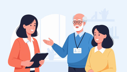 Fototapeta premium Three people interacting, one holds a tablet while an older man speaks
