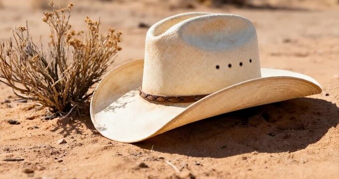 Cowboy hat on arid terrain with vegetation and overhead sunlight