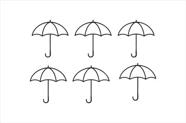 Fototapeta premium A simple arrangement of six black line drawn umbrellas against a stark white background