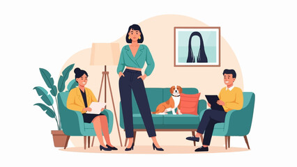 Fototapeta premium Three people, a dog, and plants in a room, with a lamp and picture