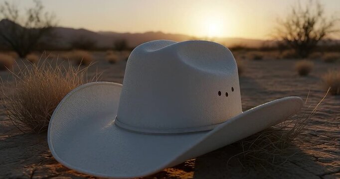 Cowboy hat on desert terrain at sunset