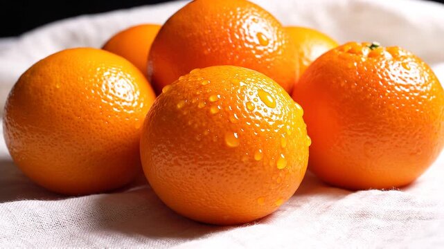 Close-up Display of Fresh Oranges with Water Droplets on a White Cloth Background