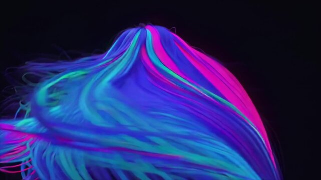 Ultra HD 4K stock video person long hair painted UV-reactive neon colors, moving fluidly northern lights slow motion. Dark minimal background reflections, dramatic cinematic lighting glowing strands