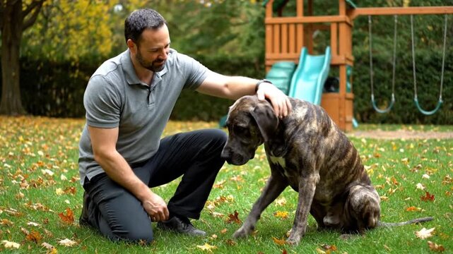 Happy Man Bonding with Large Brindle Great Dane Dog Shaking Paws on Green Grass in Suburban Backyard Playground Setting During Autumn
