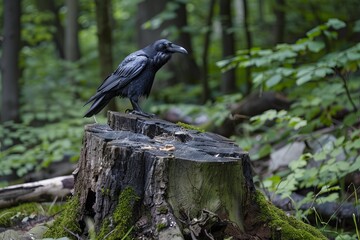 Obraz premium Raven standing on a mossy tree stump in a dense forest, creating a captivating nature scene