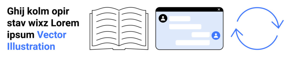 Obraz premium Education, communication, technology, digital learning, messaging systems, content refresh. Open book, speech bubble chat box and circular refresh icon. Education and communication