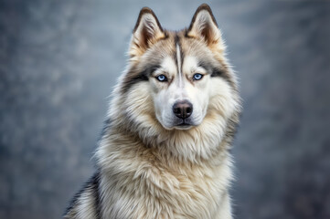 Husky dog with blue eyes stands still against a blurred background in a neutral setting during daylight hours