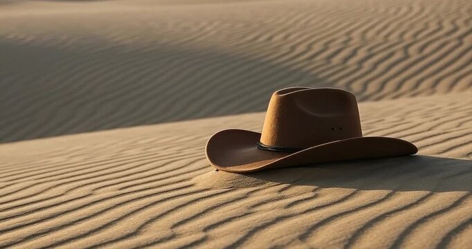 Desert sand dunes with cowboy hat under sunlight