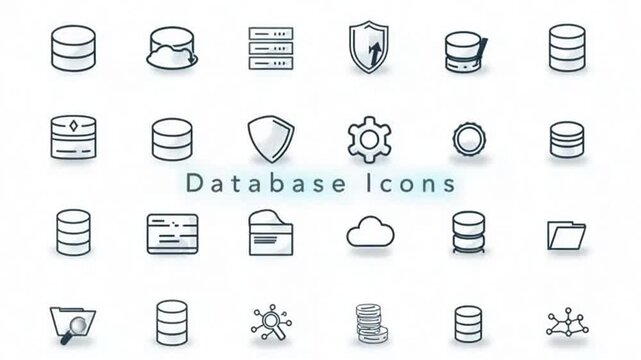 Collection of clean database icons representing data storage, security and cloud concepts