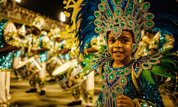 Traditional, colorful carnival in Brazil. Happy children in costumes dance the sambo on a decorated street during the carnival.