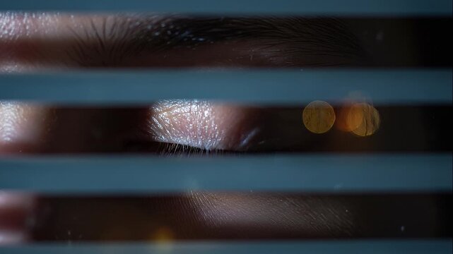 A creepy eye peeks through blinds, intense surveillance and voyeurism