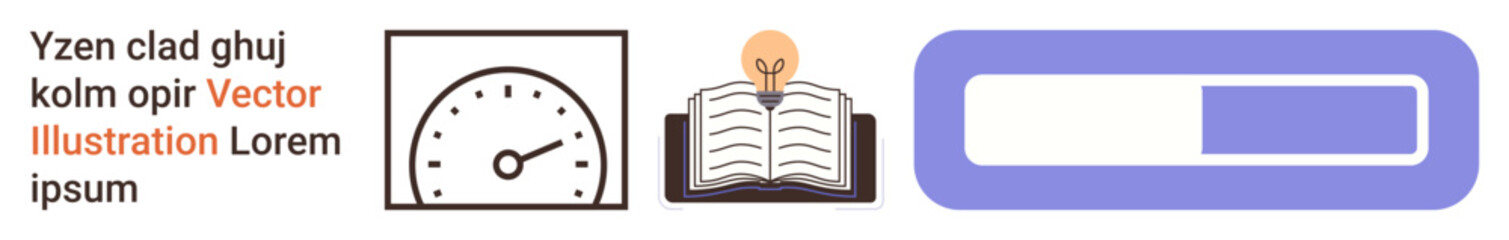 Obraz premium Education, productivity, innovation, speed, data progress, concept visuals. A progress bar, speedometer and book with a lightbulb. Education and productivity concepts illustrated