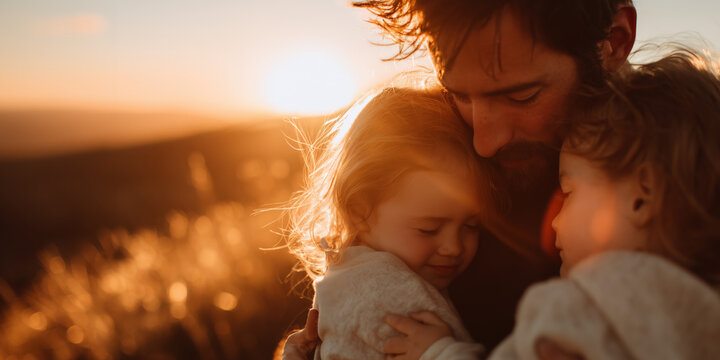 Father hugging his children at sunset in a warm and emotional family moment