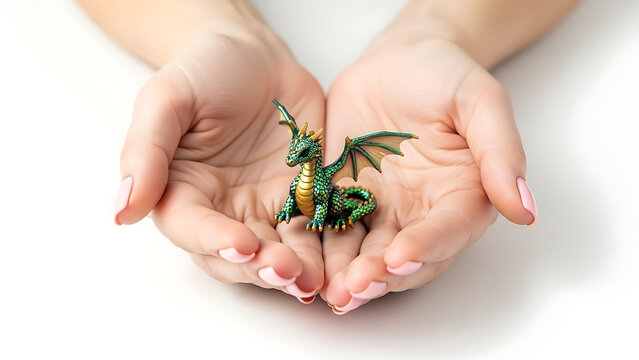 Cupped hands carefully holding a tiny green fantasy dragon figurine with wings and gold accents, concept of imagination, mythology, tabletop gaming, and collecting miniatures.