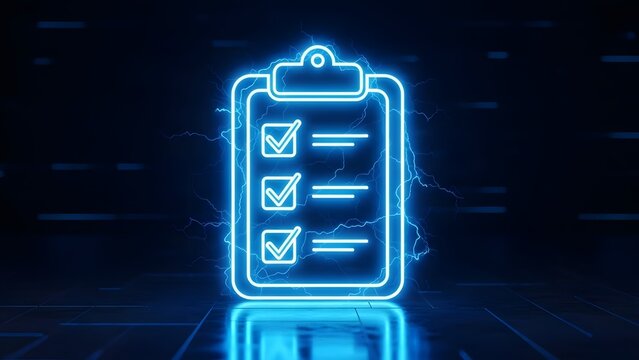 Neon clipboard with checklist in dark background