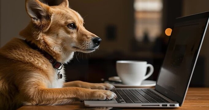 Dog using laptop computer on desk indoors