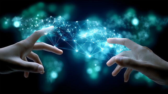 Hands connecting through digital network with glowing connections
