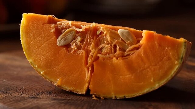 Captivating close-up of sliced pumpkin on a wooden board, vibrant colors and natural textures