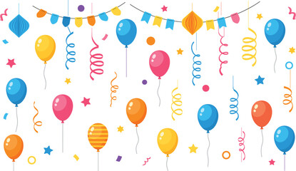 Festive birthday party background with colorful balloons bunting flags and curly streamers in a flat vector style for celebration events and greeting cards. © MdGohurul
