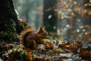 Obraz premium Eurasian red squirrel foraging for food amidst fallen leaves and moss during a misty autumn day in a forest