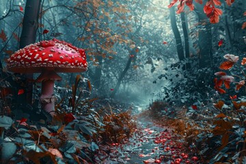 Naklejka premium Fly agaric mushroom growing near a stream in a fantasy enchanted forest with falling leaves, fog, and dew drops
