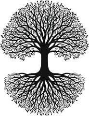 Tree of life with roots and branches symmetrical silhouette