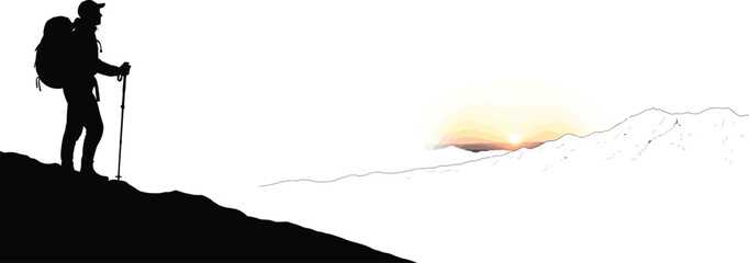 Hiker with backpack and poles standing on mountain at sunset