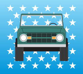 Old off road car on a blue background with stars