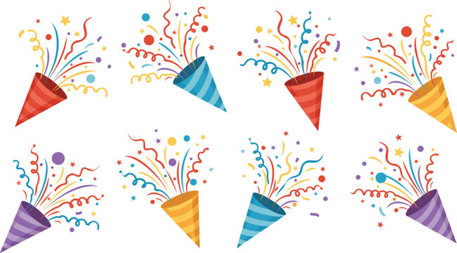 Collection of colorful party popper icons with exploding confetti and streamers in a flat vector style for birthday celebrations New Year and festivals.