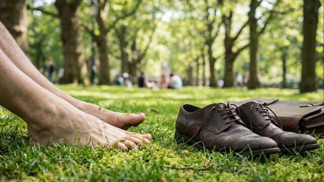 Close-up of bare feet on green grass next to leather shoes in a park. Business person taking a break and relaxing barefoot outdoors. Take a Walk in the Park Day concept