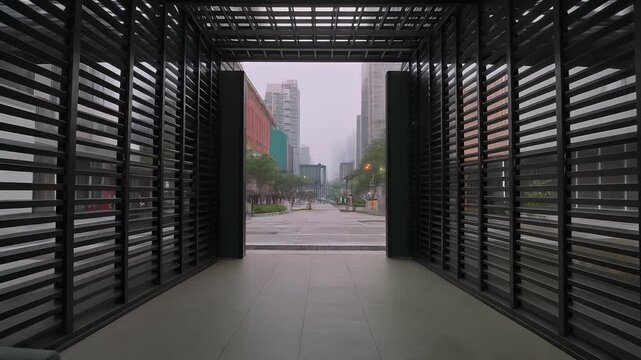 A modern architectural design frames a city scene. Dark, slatted walls contrast with the bright outside, revealing cityscape through the open space. Includes a sofa