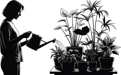 Woman watering indoor potted plants vector illustration silhouette