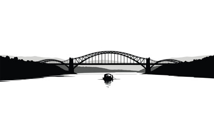 Steel arch bridge over river with boat silhouette vector