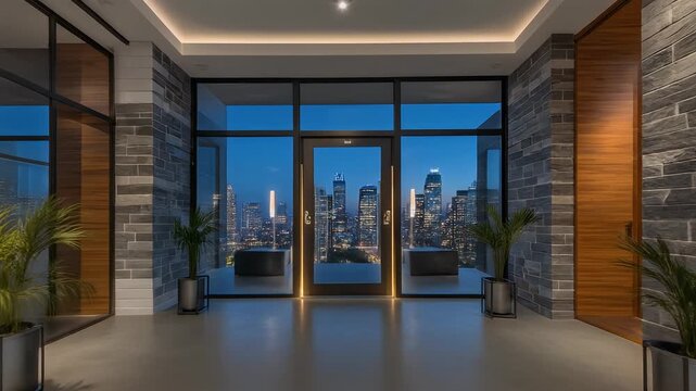 A modern interior with a panoramic city view, illuminated by recessed lighting, framed by textured walls, and greenery in metal pots