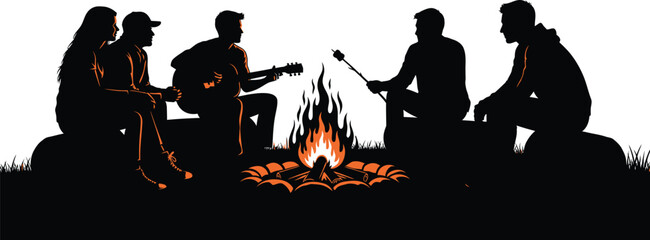 People sitting around campfire silhouette vector with guitar