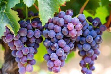 Obraz premium Bunches of ripe purple grapes hanging on the vine in a vineyard, bathed in warm sunlight