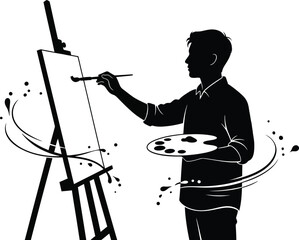 Artist painting on canvas silhouette vector illustration