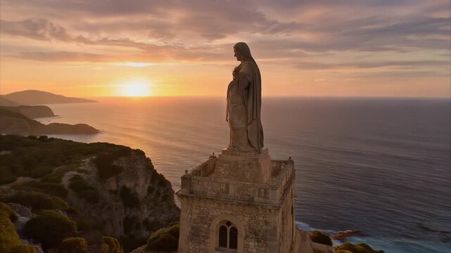 Christ the King statue at Monte Agudo with Sunset, Portugal Coastal Landmark