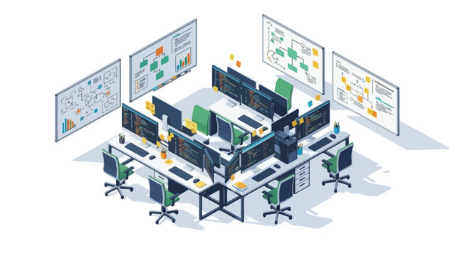 Isometric view of a modern office with multiple computer stations and whiteboards.
