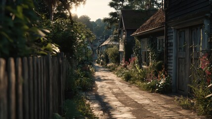 Picturesque Village Street with Lush Gardens and Charming Cottages Beauty