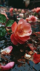 Roses adrift in stream, petals on water's surface, vibrant floral display