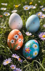 Fototapeta premium Easter eggs with daisy floral patterns on green grass.
