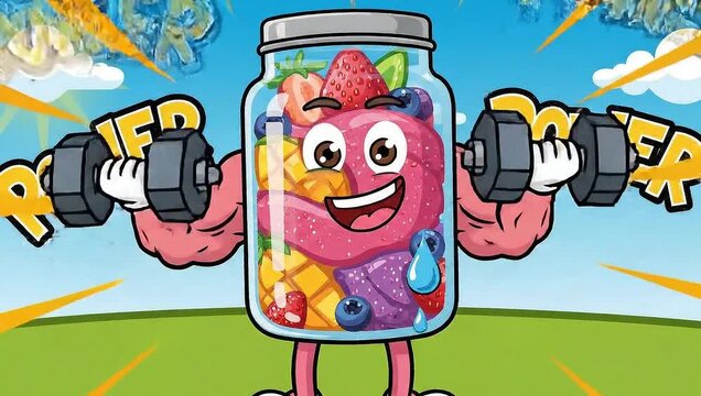 Cartoon Fruit Jar Character Lifting Weights - Healthy Lifestyle.