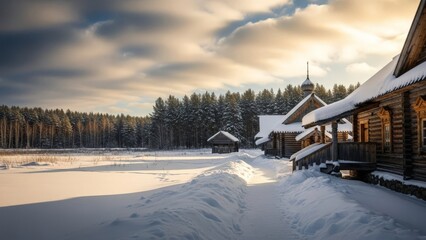 Snowy Russian Village with Traditional Wooden Architecture at Golden Hour