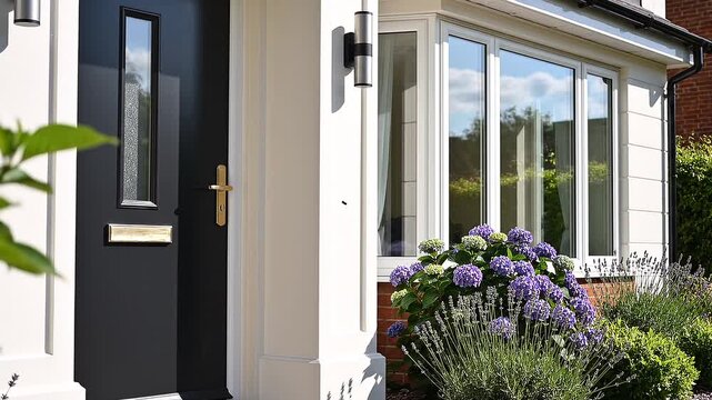 Elegant Home Entrance with Dark Door, Bay Window, and Vibrant Lavender Garden Display