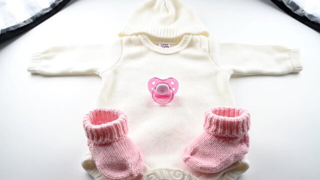 Baby clothing set with bodysuit, hat, pink pacifier, and knitted booties displayed on white surface