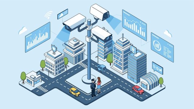 Smart city surveillance technology illustration with cameras monitoring urban traffic and pedestrians in an isometric view.